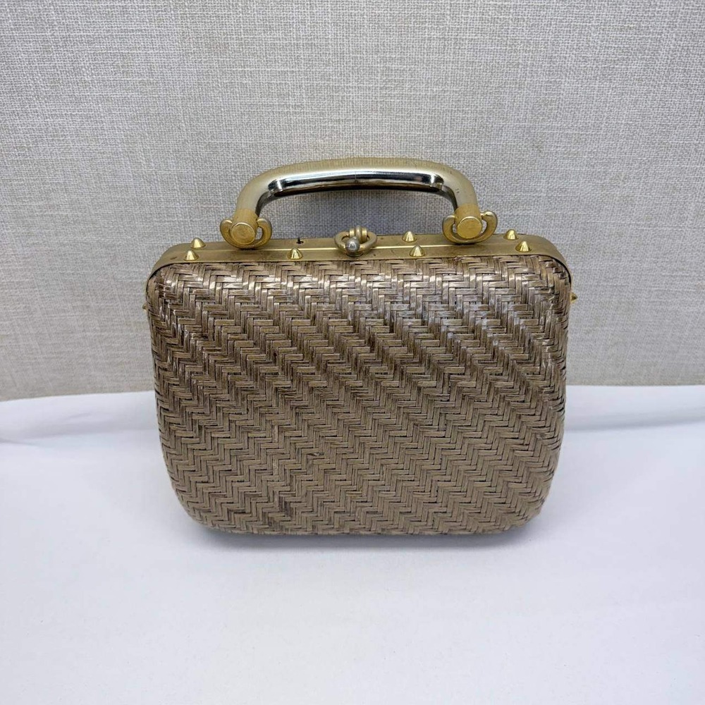 Vintage The May Company Italy Wicker Box Handbag Gold Woven Purse Mid-Century